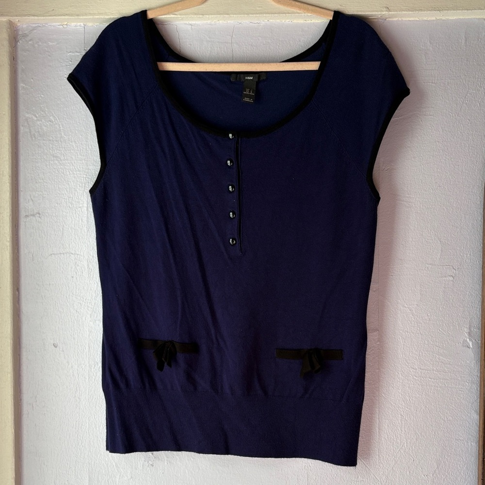H&M Dark Blue Women's Blouse with Button and Bow Details